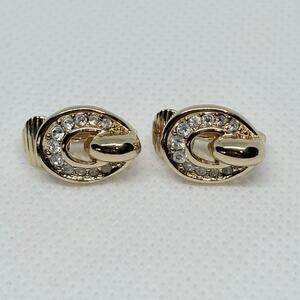 Christian Dior Vintage Gold Tone Rhinestone Oval Clip On Earrings Stamped